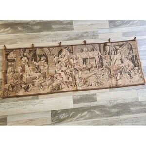 Vtg Belgian Jacquard Tapestry 54x19 Tavern Scene Sepia Woven Wall Hanging 1900s